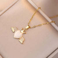 Thumbnail for Dainty CZ Inlaid Opal Crown Heart Wings Necklace - ArtGalleryZen
