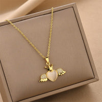 Thumbnail for Dainty CZ Inlaid Opal Crown Heart Wings Necklace - ArtGalleryZen