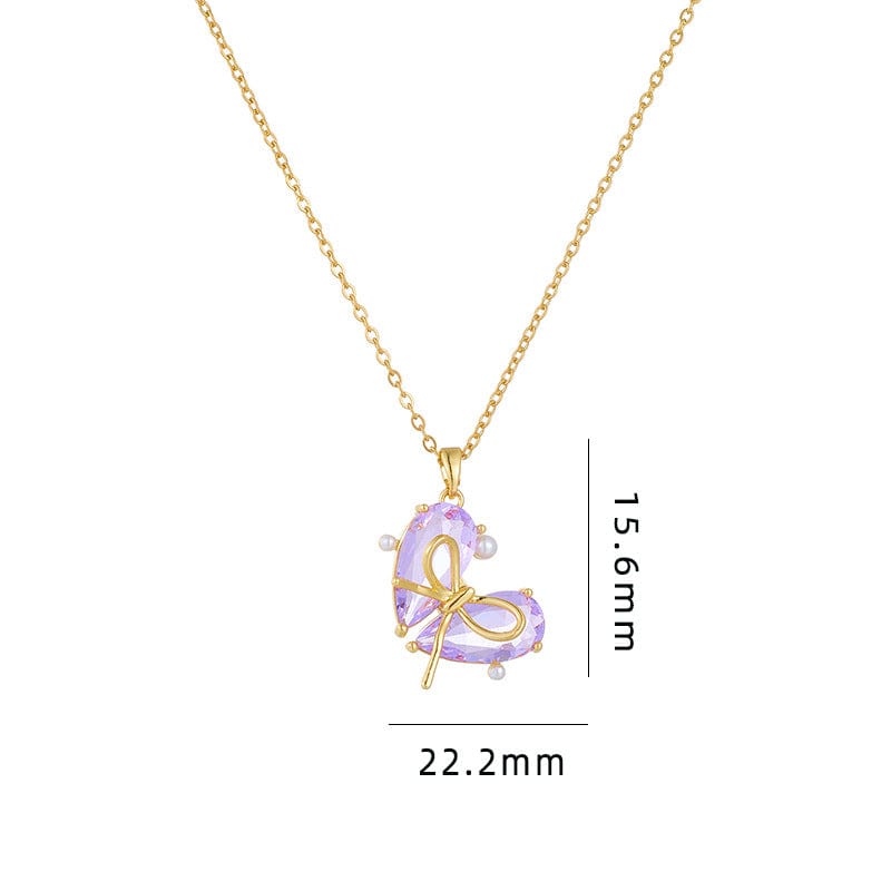 Dainty Gold Silver Tone Bowknot Heart CZ Pendant Necklace - ArtGalleryZen