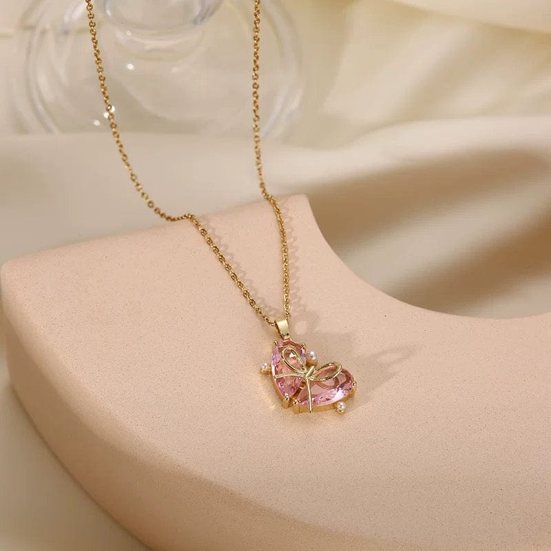 Dainty Gold Silver Tone Bowknot Heart CZ Pendant Necklace - ArtGalleryZen