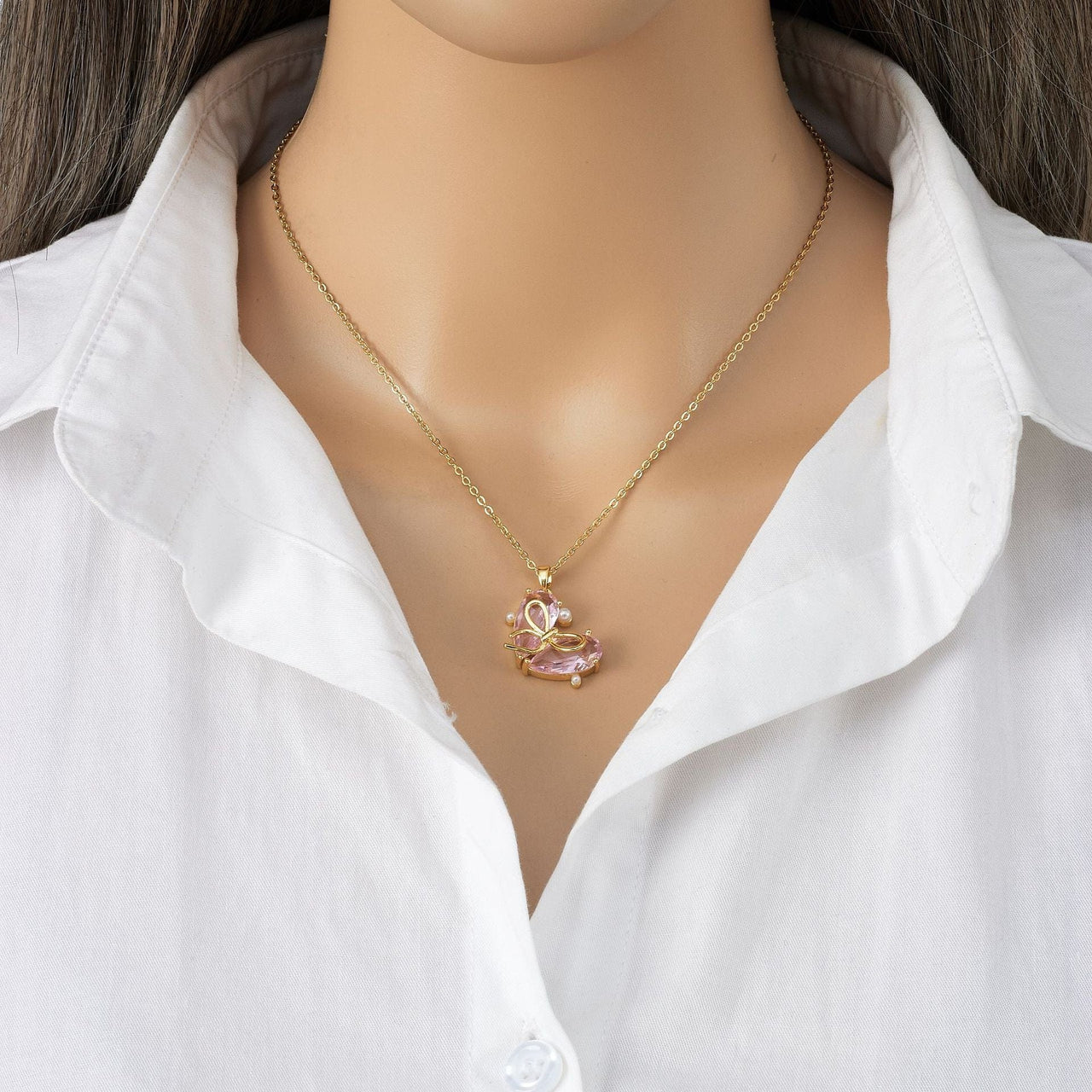 Dainty Gold Silver Tone Bowknot Heart CZ Pendant Necklace - ArtGalleryZen