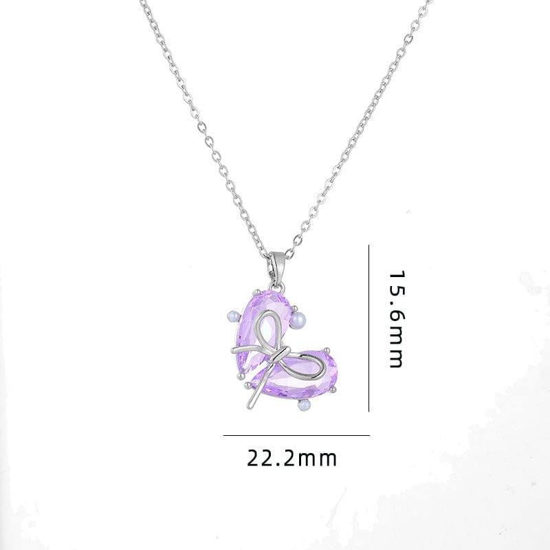 Dainty Gold Silver Tone Bowknot Heart CZ Pendant Necklace - ArtGalleryZen