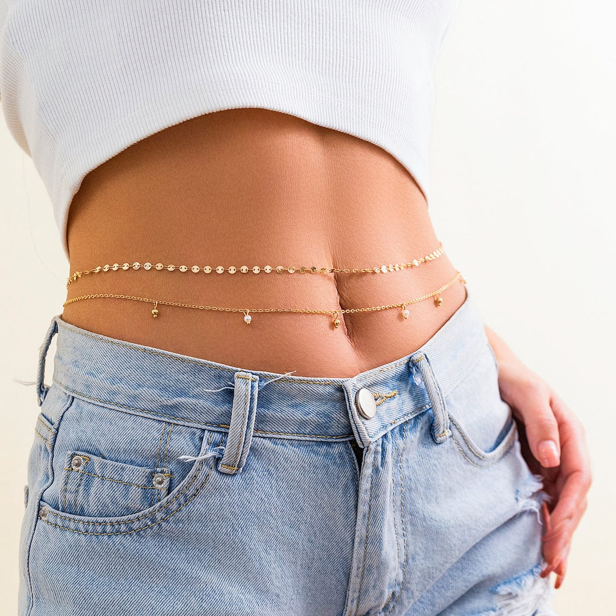 Dainty Layered Pearl Ball Tassel Curb Belly Chain Set - ArtGalleryZen