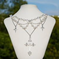 Thumbnail for Dainty Layered Star Cross Pendant Pearl Crystal Chain Necklace - ArtGalleryZen