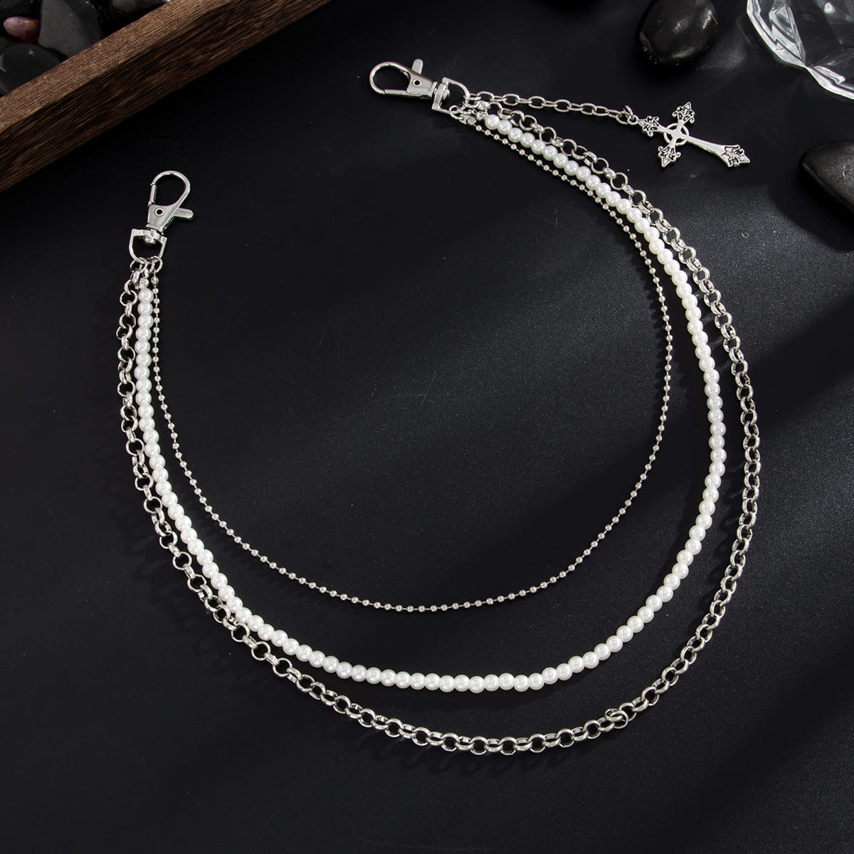 Dainty Layering Cross Pendant Pearl Trouser Chain - ArtGalleryZen