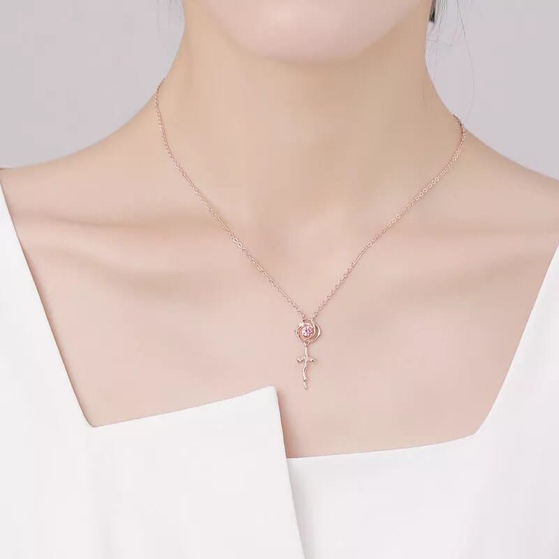 Dainty Pink Crystal English Rose Necklace - ArtGalleryZen