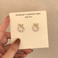 Thumbnail for Delicate CZ Pearl Inlaid Hoop Bowknot Stud Earrings - ArtGalleryZen