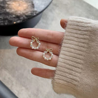 Thumbnail for Delicate CZ Pearl Inlaid Hoop Bowknot Stud Earrings - ArtGalleryZen