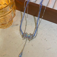 Thumbnail for Delicate Layered CZ Inlaid Butterfly Crystal Pendant Beaded Chain Necklace - ArtGalleryZen