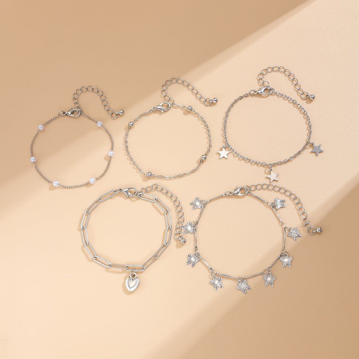 Delicate Layered Heart Butterfly Star Tassel Pearl Cable Chain Bracelet Set - ArtGalleryZen