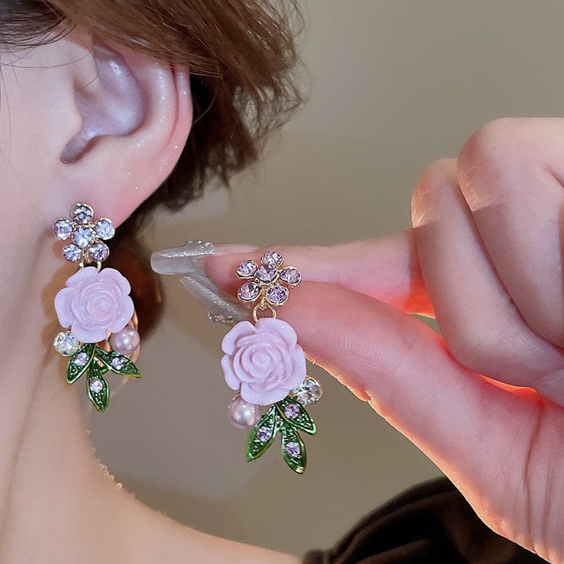 Delicate Pearl Rhinestone Inlaid Enamel Camellia Flower Necklace Bracelet Earrings - ArtGalleryZen