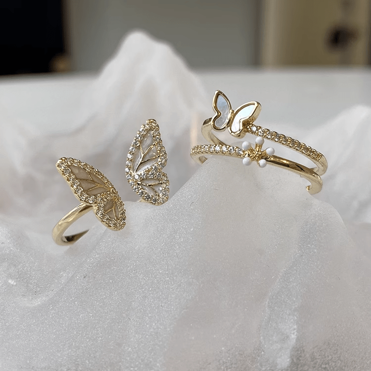 Elegant 2pcs CZ Inlaid Enamel Butterfly Flower Open Ring Set - ArtGalleryZen
