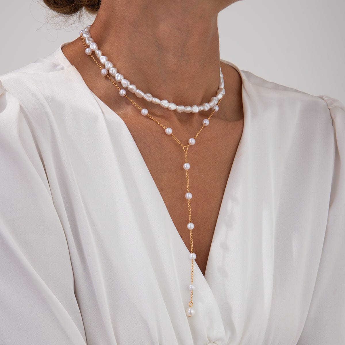 Elegant 2pcs Gold Plated Pearl Chain Y Necklace Set - ArtGalleryZen