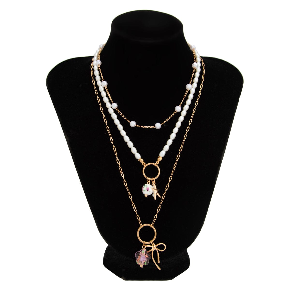 Elegant 3pcs Bow Starfish Flower Ceramic Pendant Pearl Chain Necklace Set - ArtGalleryZen
