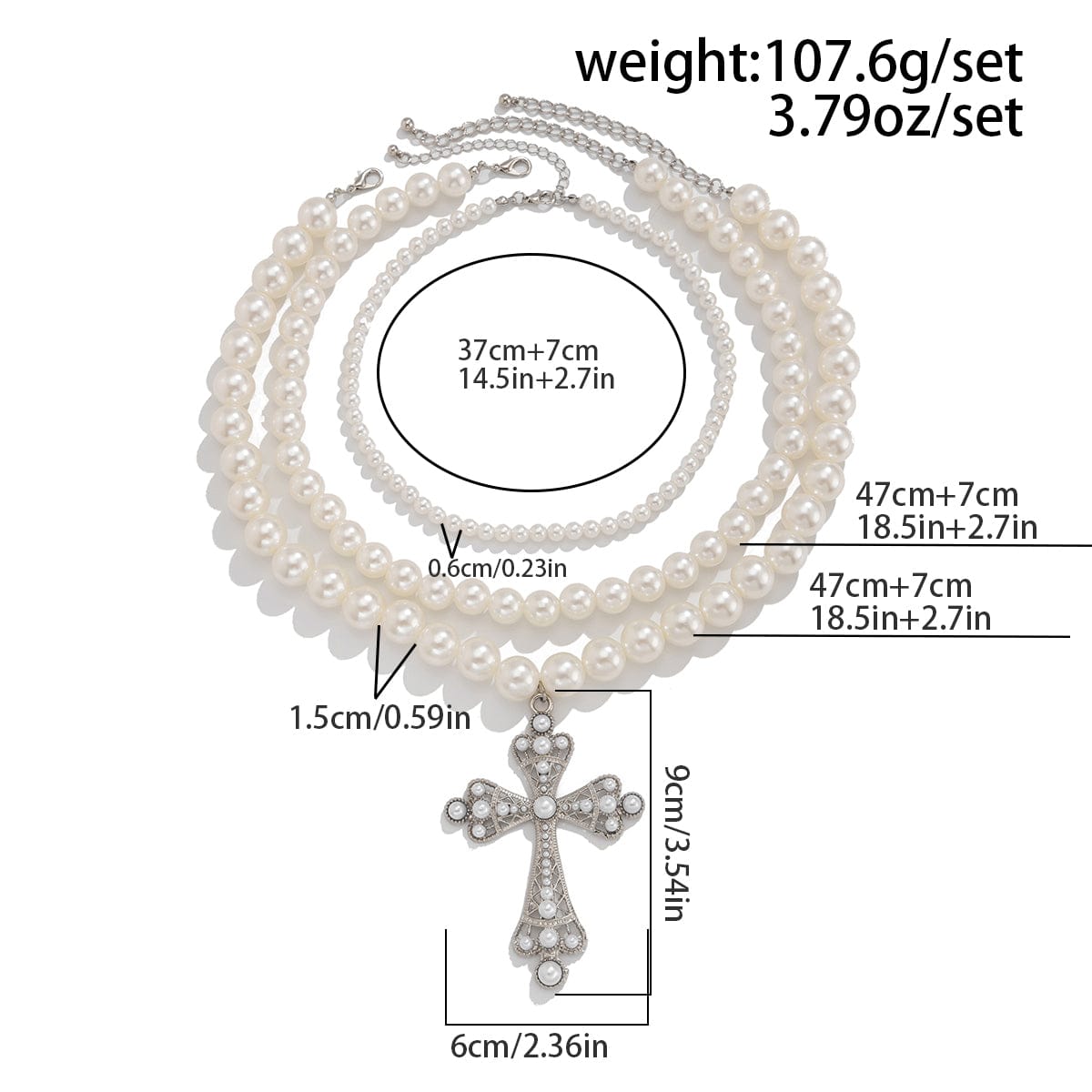 Elegant 3pcs Cross Pendant Pearl Chain Necklace Set - ArtGalleryZen