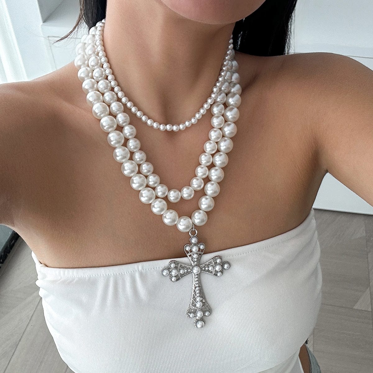 Elegant 3pcs Cross Pendant Pearl Chain Necklace Set - ArtGalleryZen