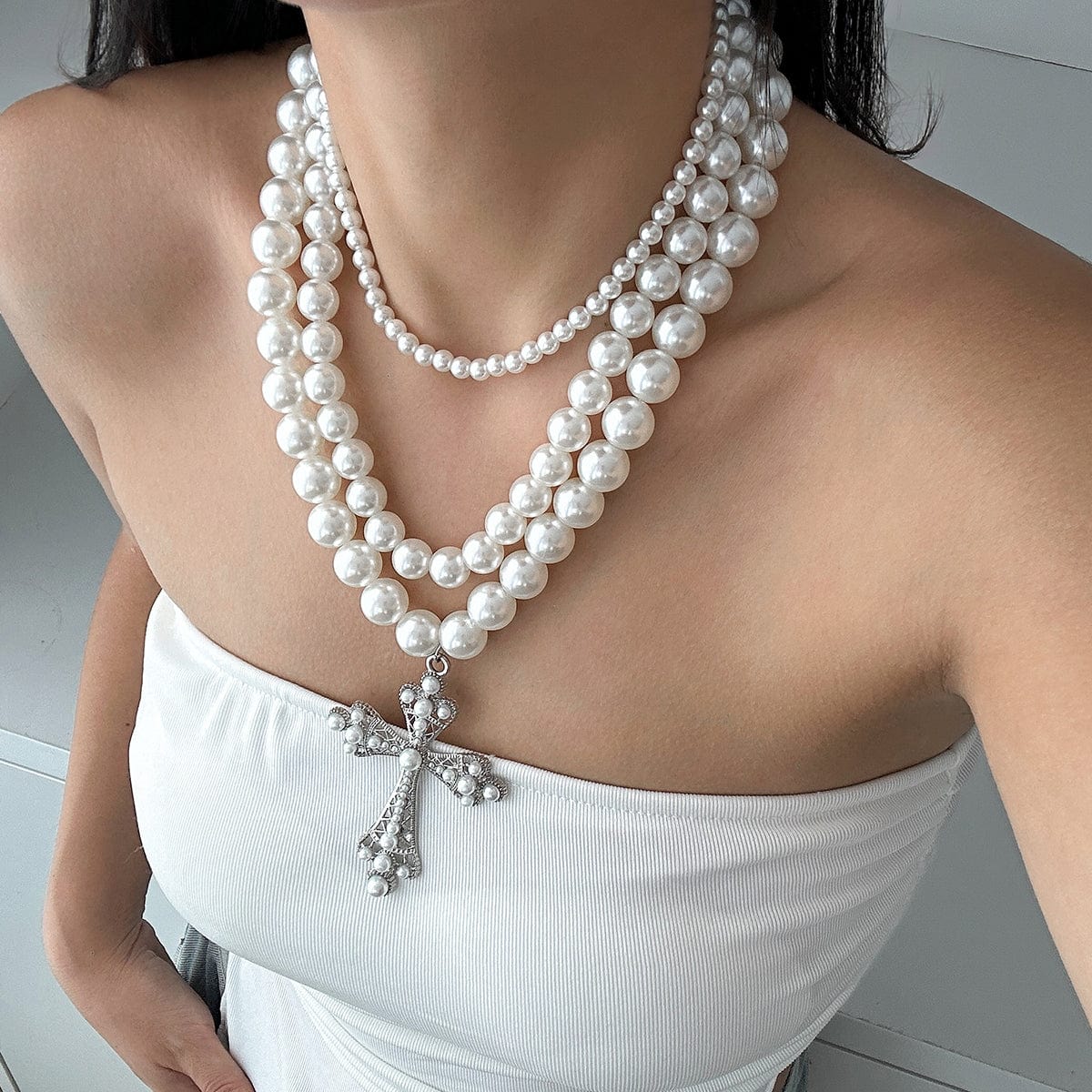Elegant 3pcs Cross Pendant Pearl Chain Necklace Set - ArtGalleryZen