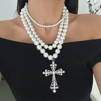 Thumbnail for Elegant 3pcs Cross Pendant Pearl Chain Necklace Set - ArtGalleryZen
