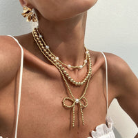 Thumbnail for Elegant 3pcs Gold Silver Plated Bowknot Pearl Beaded Necklace Set - ArtGalleryZen