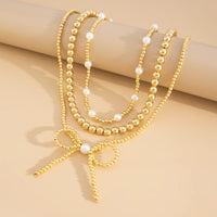 Thumbnail for Elegant 3pcs Gold Silver Plated Bowknot Pearl Beaded Necklace Set - ArtGalleryZen