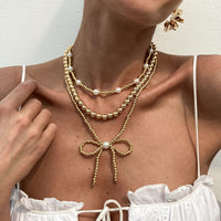 Thumbnail for Elegant 3pcs Gold Silver Plated Bowknot Pearl Beaded Necklace Set - ArtGalleryZen