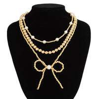 Thumbnail for Elegant 3pcs Gold Silver Plated Bowknot Pearl Beaded Necklace Set - ArtGalleryZen