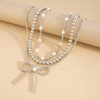Thumbnail for Elegant 3pcs Gold Silver Plated Bowknot Pearl Beaded Necklace Set - ArtGalleryZen