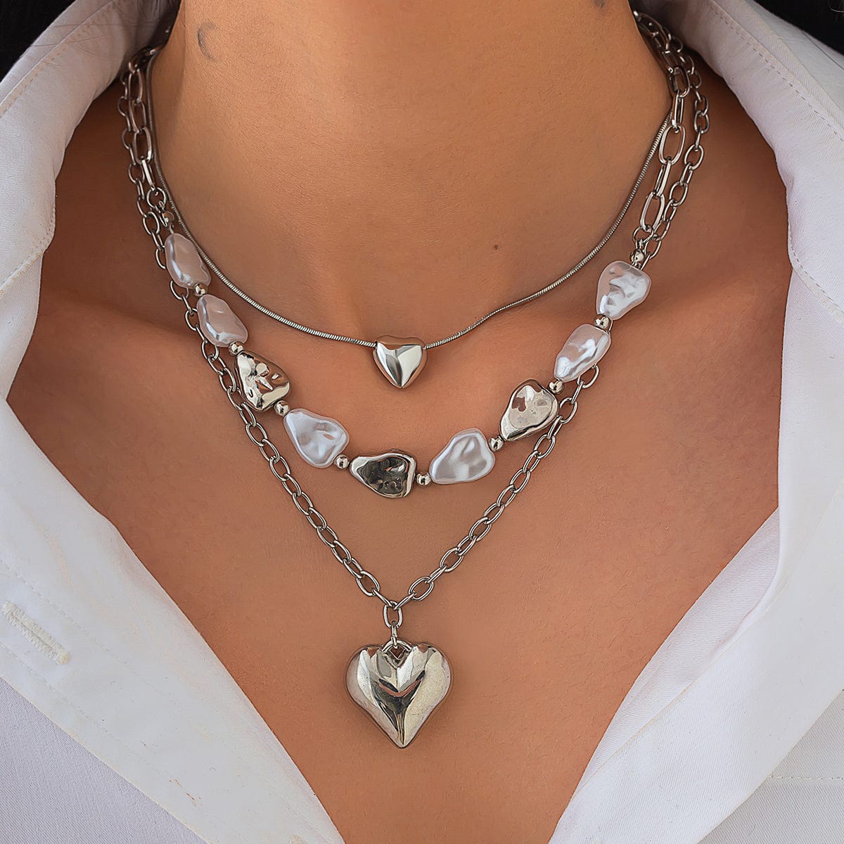 Elegant 3pcs Gold Silver Plated Heart Pendant Pearl Necklace Set - ArtGalleryZen