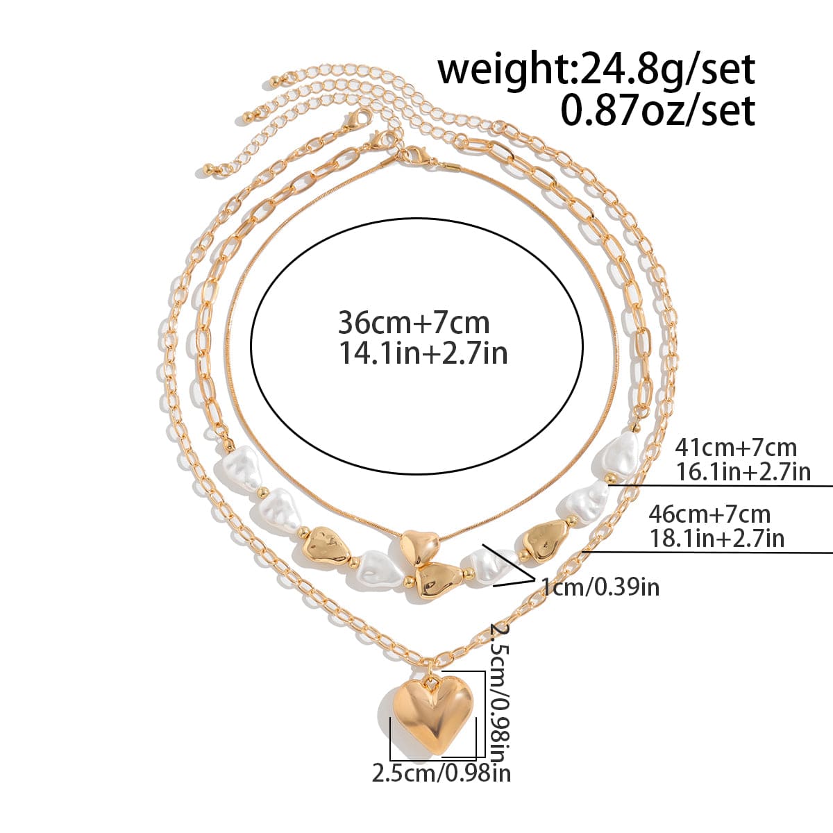 Elegant 3pcs Gold Silver Plated Heart Pendant Pearl Necklace Set - ArtGalleryZen