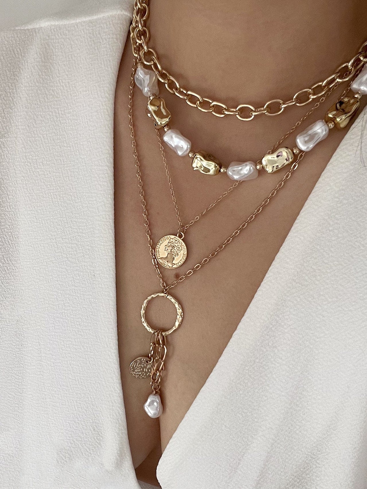 Elegant 4pcs Irregular Pearl Round Disk Tassel Cable Chain Necklace Set - ArtGalleryZen