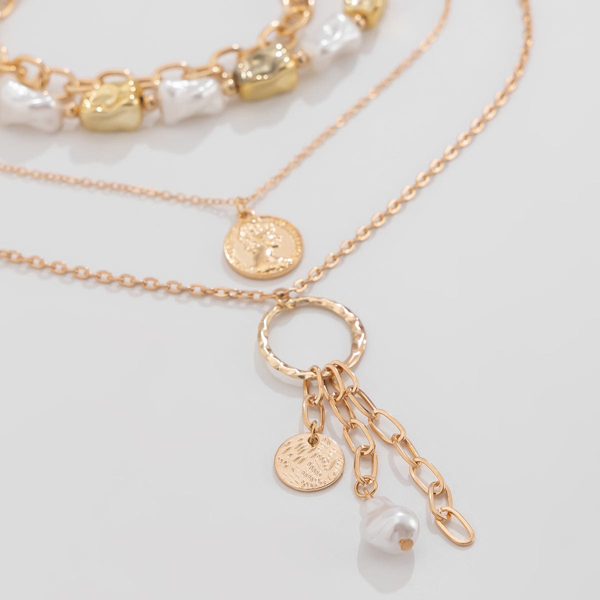 Elegant 4pcs Irregular Pearl Round Disk Tassel Cable Chain Necklace Set - ArtGalleryZen