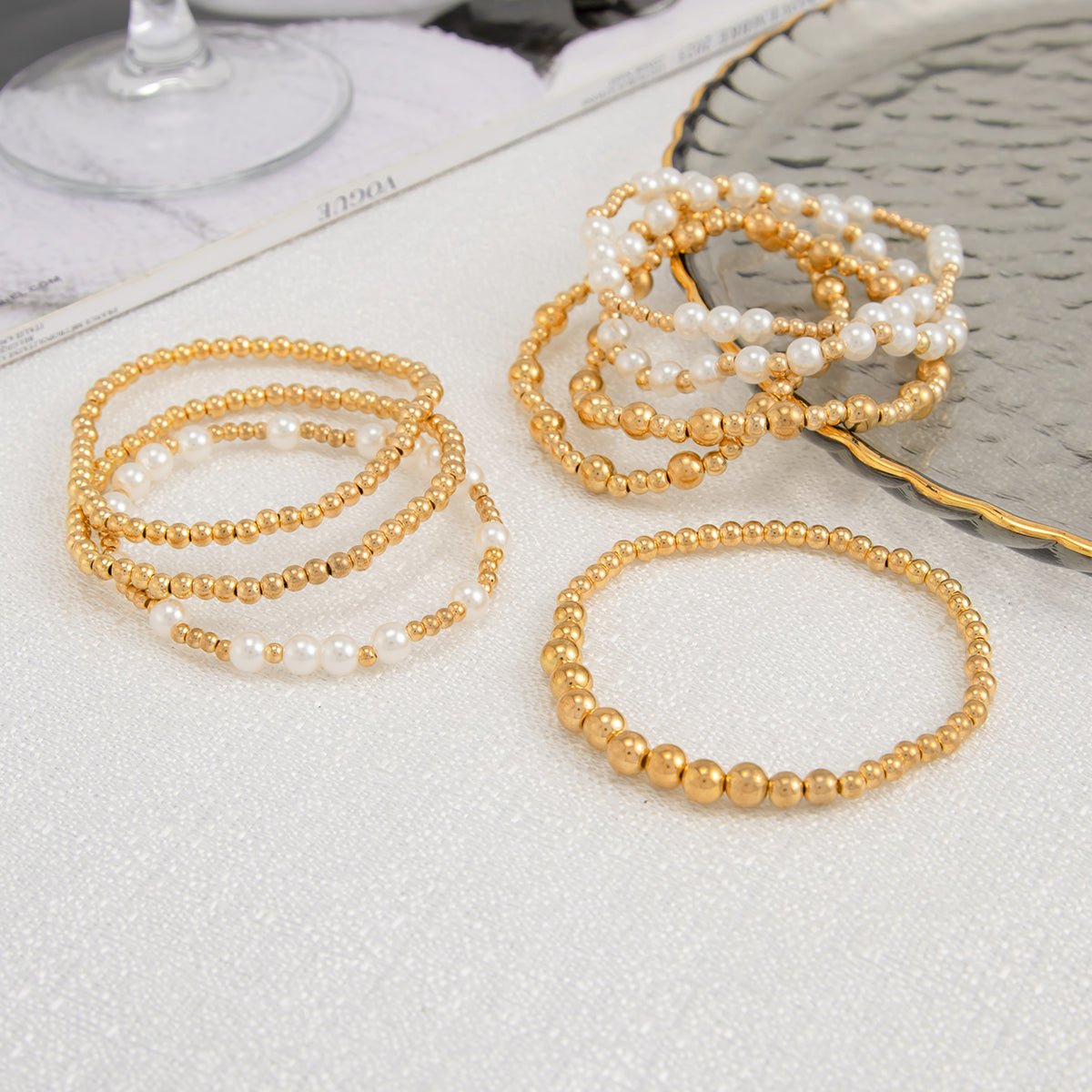 Elegant 8pcs Gold Plated Pearl Beaded Chain Bracelet Set - ArtGalleryZen
