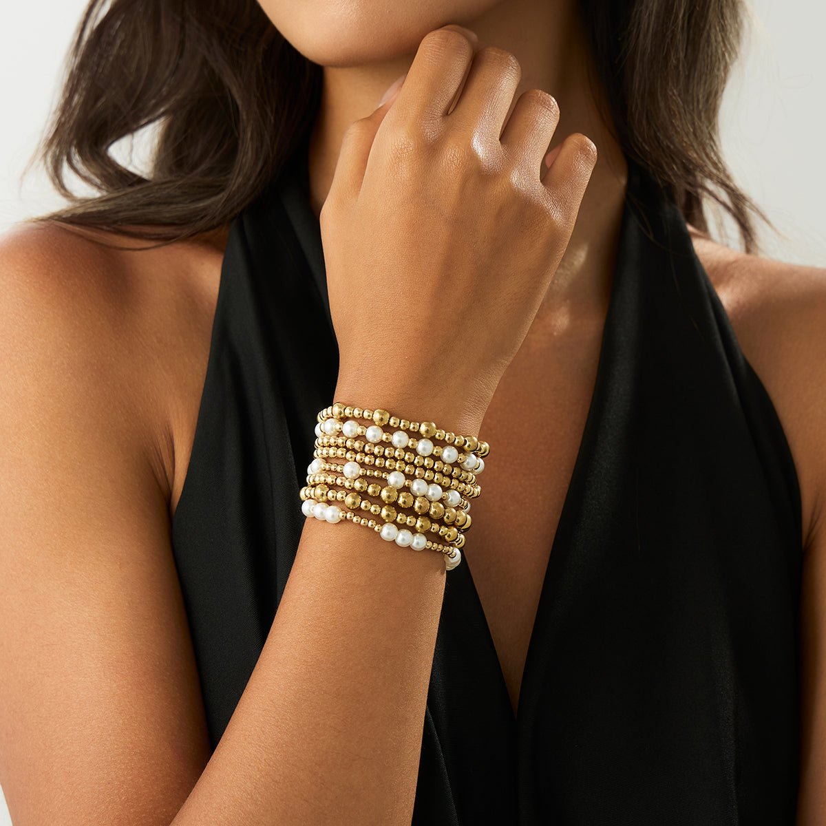 Elegant 8pcs Gold Plated Pearl Beaded Chain Bracelet Set - ArtGalleryZen