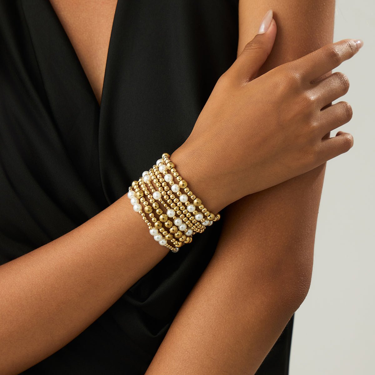 Elegant 8pcs Gold Plated Pearl Beaded Chain Bracelet Set - ArtGalleryZen