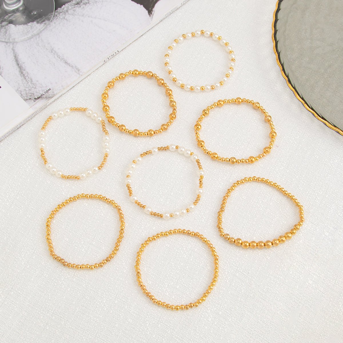 Elegant 8pcs Gold Plated Pearl Beaded Chain Bracelet Set - ArtGalleryZen