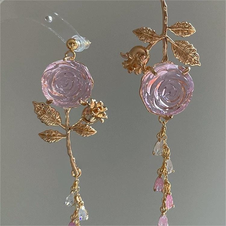 Elegant Asymmetric S925 Silver Pink Crystal Rose Earrings - ArtGalleryZen