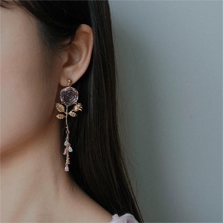 Elegant Asymmetric S925 Silver Pink Crystal Rose Earrings - ArtGalleryZen