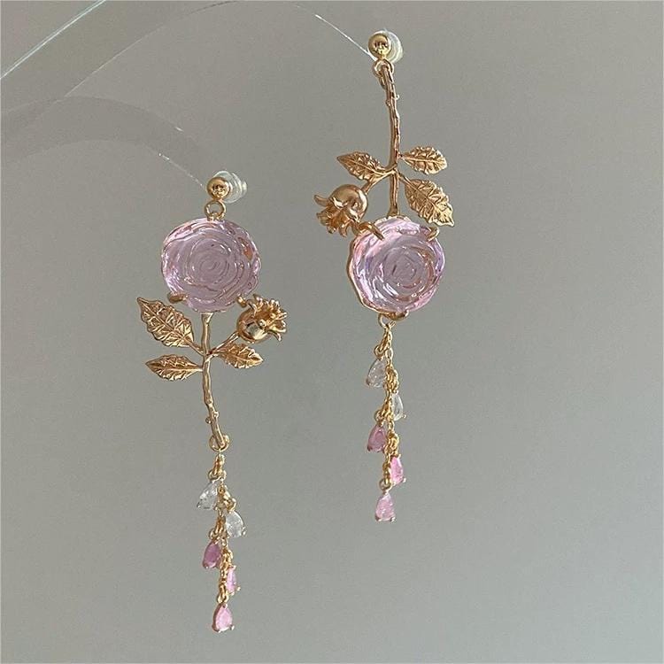 Elegant Asymmetric S925 Silver Pink Crystal Rose Earrings - ArtGalleryZen