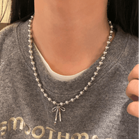 Thumbnail for Elegant Bowknot Pendant Grey Pearl Chain Necklace - ArtGalleryZen