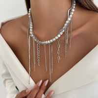 Thumbnail for Elegant Box Curb Chain Tassel Pearl Choker Necklace - ArtGalleryZen