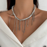 Thumbnail for Elegant Box Curb Chain Tassel Pearl Choker Necklace - ArtGalleryZen
