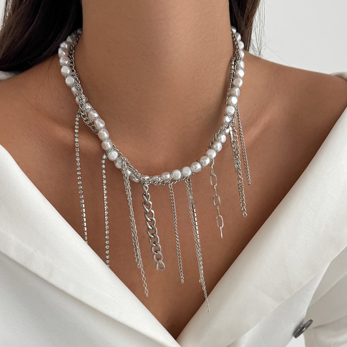 Elegant Box Curb Chain Tassel Pearl Choker Necklace - ArtGalleryZen