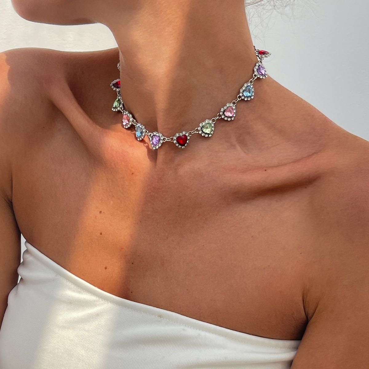 Elegant Colorful CZ Inlaid Heart Chain Necklace - ArtGalleryZen