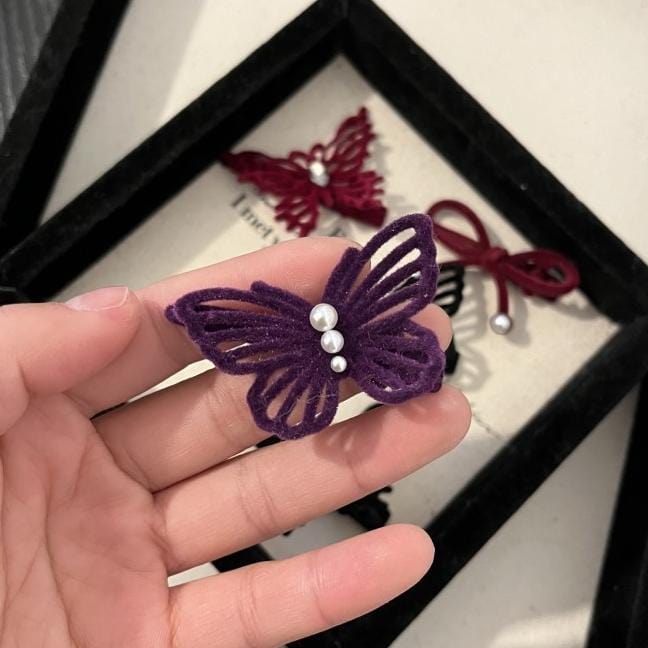 Elegant Flocking Pearl Butterfly Hair Clip - ArtGalleryZen