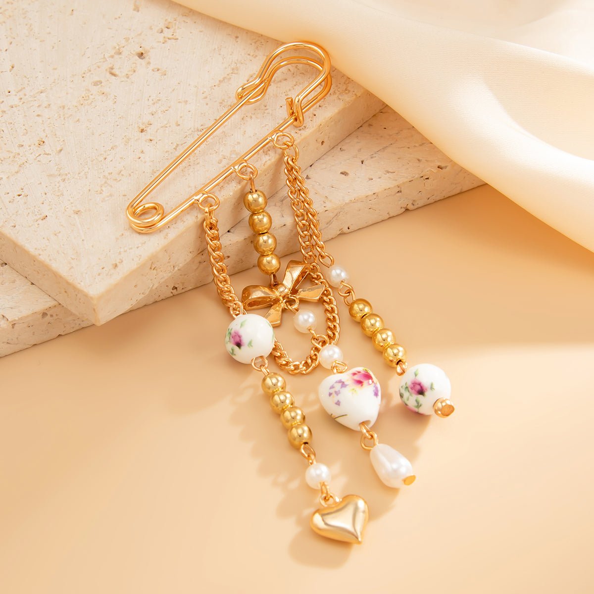 Elegant Floral Ceramic Beads Bow Heart Tassel Pin Brooch - ArtGalleryZen