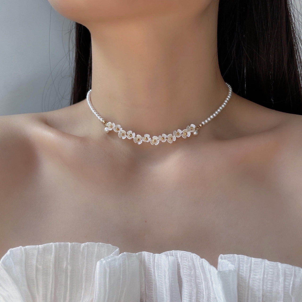 Elegant Flower Pearl Beaded Chain Necklace - ArtGalleryZen