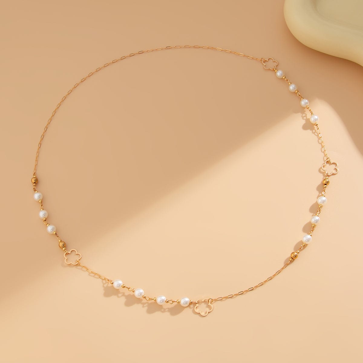 Elegant Gold Plated Hollow Flower Pearl Cable Chain Necklace - ArtGalleryZen