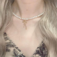 Thumbnail for Elegant Gold Silver Plated Bowknot Pendant Pearl Chain Necklace - ArtGalleryZen