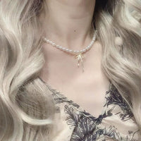 Thumbnail for Elegant Gold Silver Plated Bowknot Pendant Pearl Chain Necklace - ArtGalleryZen
