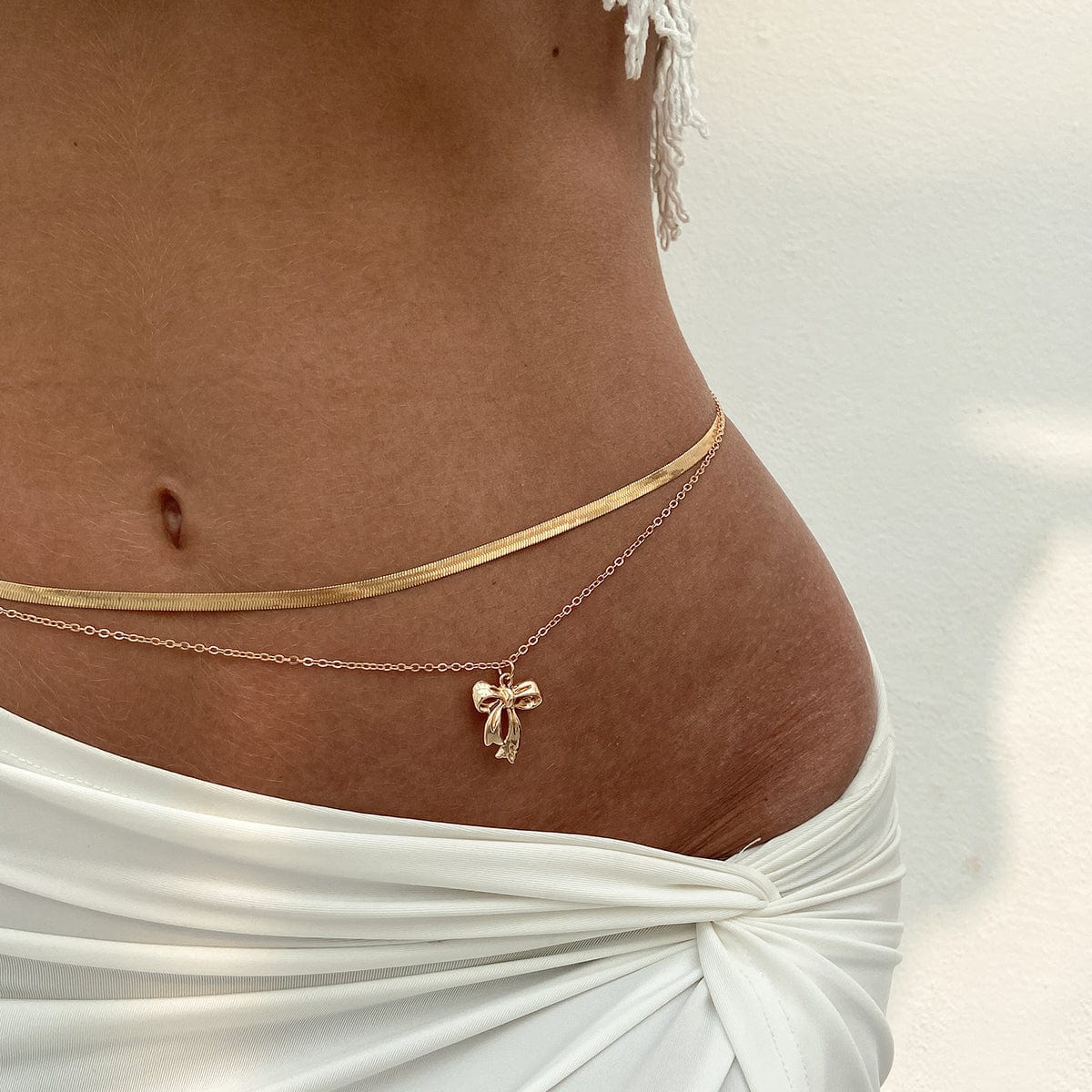 Elegant Layered Bowknot Charm Herringbone Belly Chain Set - ArtGalleryZen